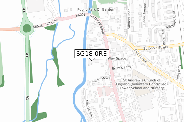 SG18 0RE map - large scale - OS Open Zoomstack (Ordnance Survey)