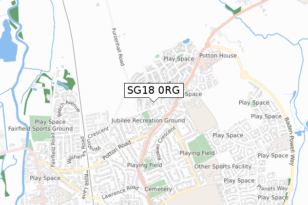 SG18 0RG map - small scale - OS Open Zoomstack (Ordnance Survey)