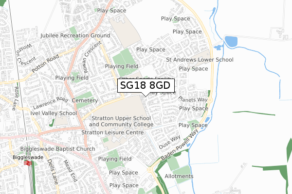 SG18 8GD map - small scale - OS Open Zoomstack (Ordnance Survey)