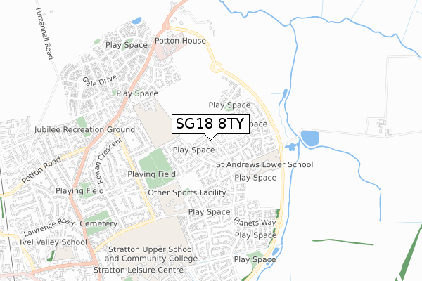 SG18 8TY map - small scale - OS Open Zoomstack (Ordnance Survey)