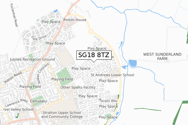 SG18 8TZ map - small scale - OS Open Zoomstack (Ordnance Survey)