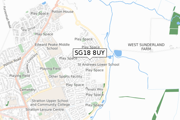 SG18 8UY map - small scale - OS Open Zoomstack (Ordnance Survey)