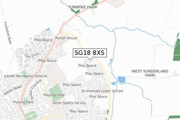 SG18 8XS map - small scale - OS Open Zoomstack (Ordnance Survey)