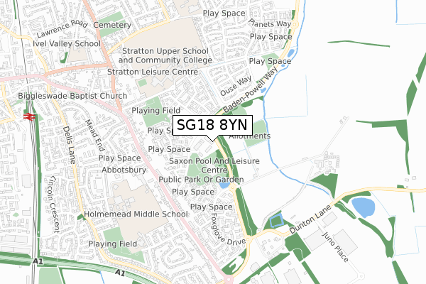 SG18 8YN map - small scale - OS Open Zoomstack (Ordnance Survey)