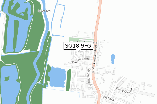 SG18 9FG map - large scale - OS Open Zoomstack (Ordnance Survey)