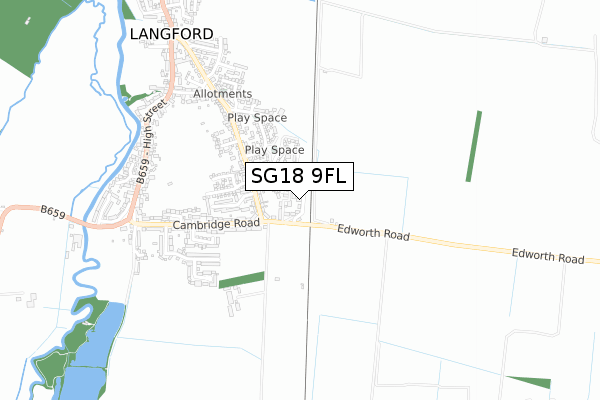 SG18 9FL map - small scale - OS Open Zoomstack (Ordnance Survey)