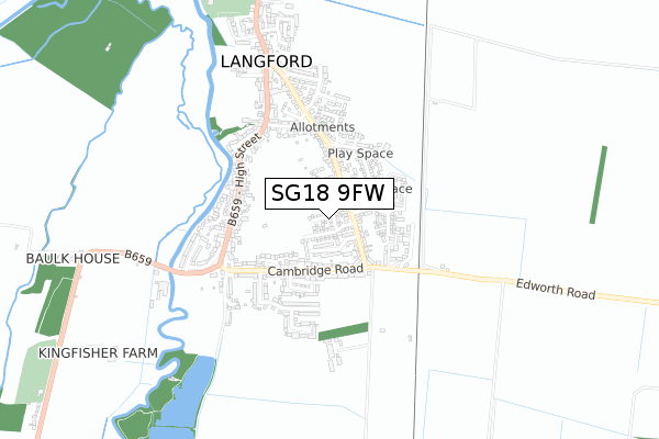 SG18 9FW map - small scale - OS Open Zoomstack (Ordnance Survey)