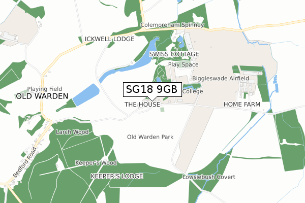 SG18 9GB map - small scale - OS Open Zoomstack (Ordnance Survey)