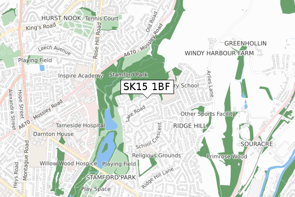 SK15 1BF map - small scale - OS Open Zoomstack (Ordnance Survey)