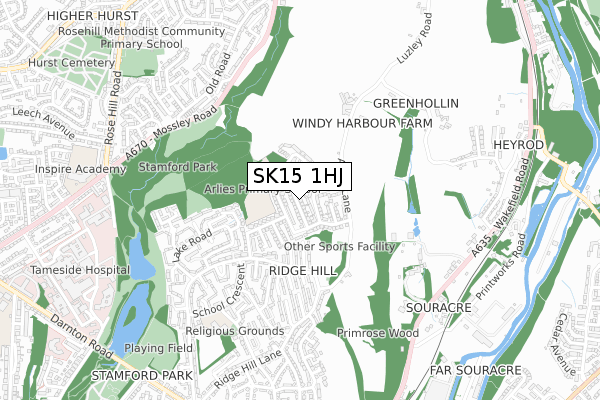 SK15 1HJ map - small scale - OS Open Zoomstack (Ordnance Survey)