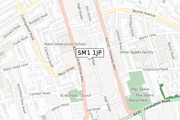 SM1 1JP map - large scale - OS Open Zoomstack (Ordnance Survey)