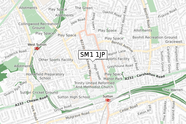 SM1 1JP map - small scale - OS Open Zoomstack (Ordnance Survey)