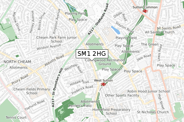 SM1 2HG map - small scale - OS Open Zoomstack (Ordnance Survey)