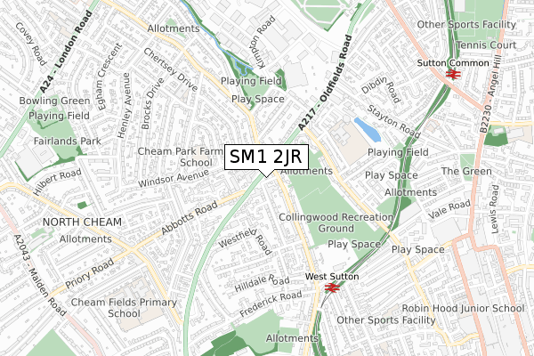 SM1 2JR map - small scale - OS Open Zoomstack (Ordnance Survey)