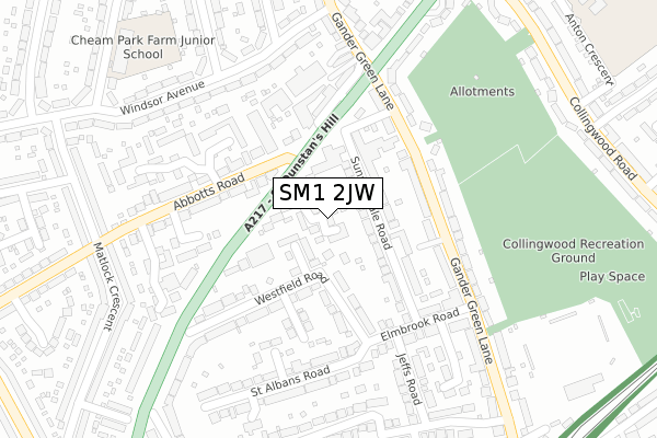 SM1 2JW map - large scale - OS Open Zoomstack (Ordnance Survey)