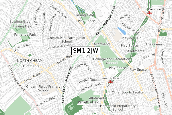 SM1 2JW map - small scale - OS Open Zoomstack (Ordnance Survey)