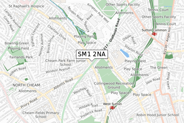 SM1 2NA map - small scale - OS Open Zoomstack (Ordnance Survey)