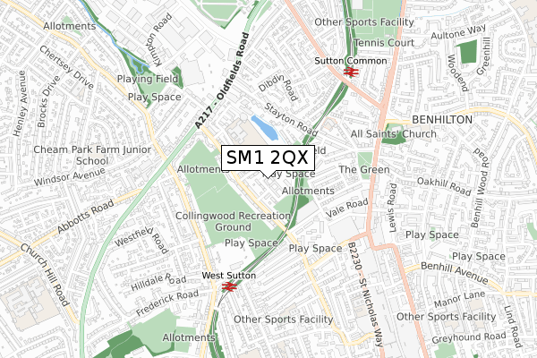 SM1 2QX map - small scale - OS Open Zoomstack (Ordnance Survey)