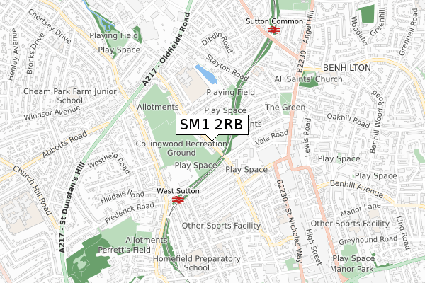 SM1 2RB map - small scale - OS Open Zoomstack (Ordnance Survey)