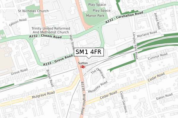 SM1 4FR map - large scale - OS Open Zoomstack (Ordnance Survey)