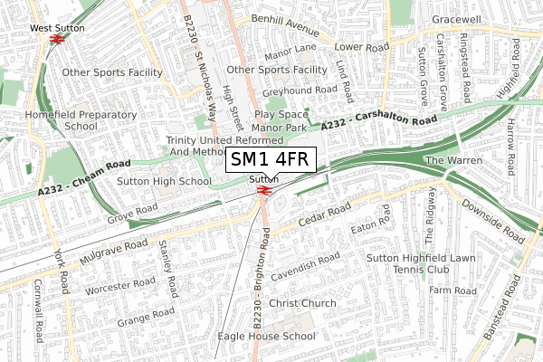 SM1 4FR map - small scale - OS Open Zoomstack (Ordnance Survey)