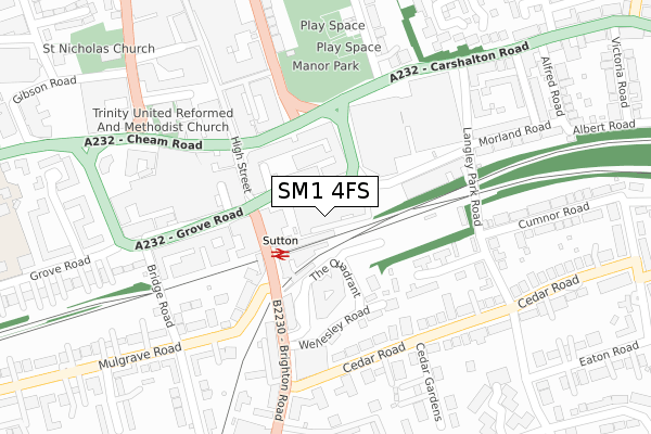 SM1 4FS map - large scale - OS Open Zoomstack (Ordnance Survey)