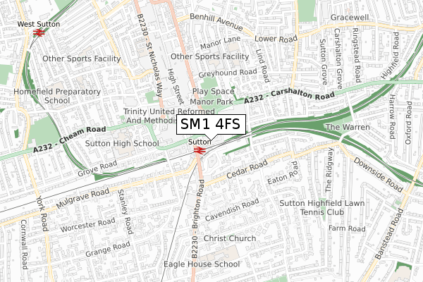 SM1 4FS map - small scale - OS Open Zoomstack (Ordnance Survey)