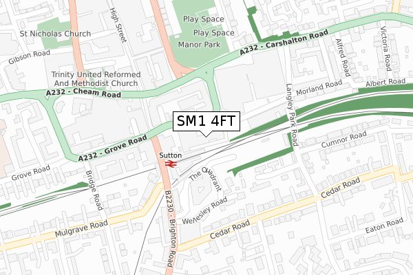 SM1 4FT map - large scale - OS Open Zoomstack (Ordnance Survey)