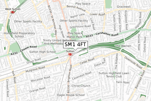 SM1 4FT map - small scale - OS Open Zoomstack (Ordnance Survey)