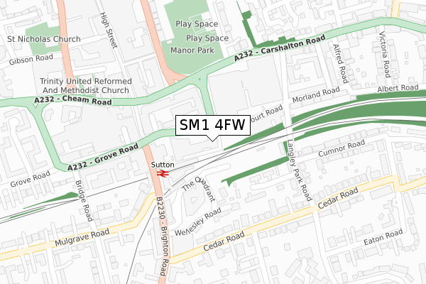 SM1 4FW map - large scale - OS Open Zoomstack (Ordnance Survey)