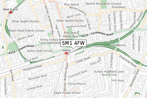 SM1 4FW map - small scale - OS Open Zoomstack (Ordnance Survey)