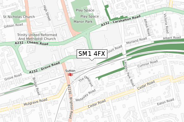 SM1 4FX map - large scale - OS Open Zoomstack (Ordnance Survey)