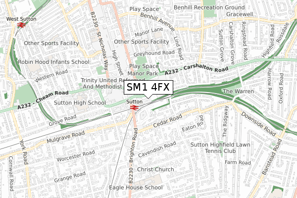 SM1 4FX map - small scale - OS Open Zoomstack (Ordnance Survey)