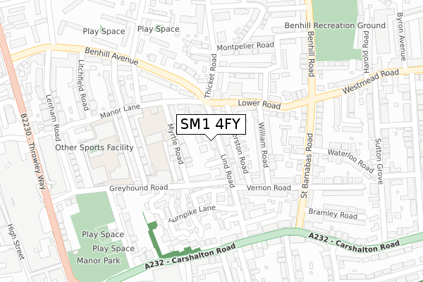 SM1 4FY map - large scale - OS Open Zoomstack (Ordnance Survey)