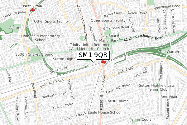 SM1 9QR map - small scale - OS Open Zoomstack (Ordnance Survey)