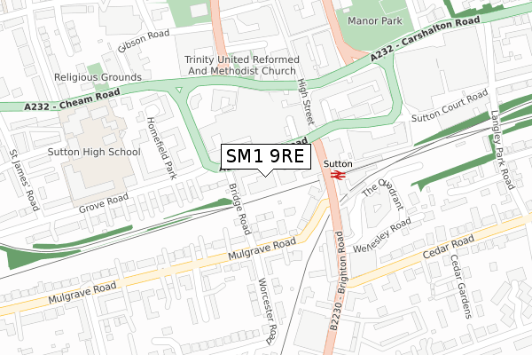 SM1 9RE map - large scale - OS Open Zoomstack (Ordnance Survey)