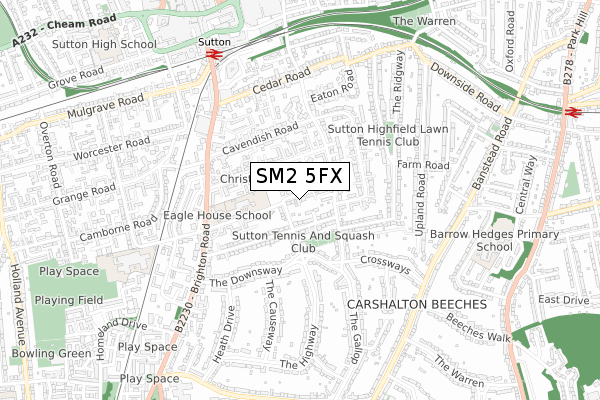 SM2 5FX map - small scale - OS Open Zoomstack (Ordnance Survey)