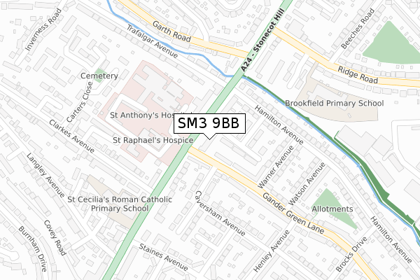 SM3 9BB map - large scale - OS Open Zoomstack (Ordnance Survey)