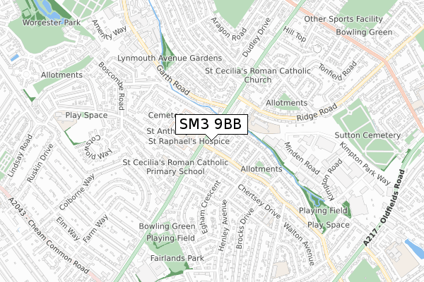 SM3 9BB map - small scale - OS Open Zoomstack (Ordnance Survey)