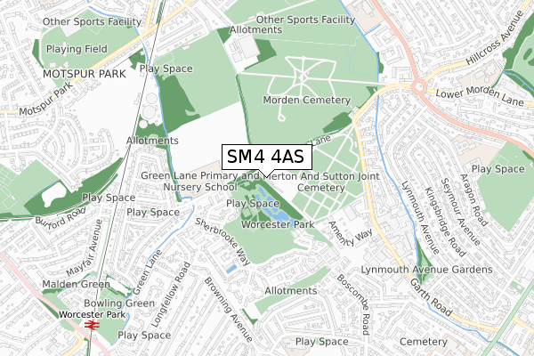 SM4 4AS map - small scale - OS Open Zoomstack (Ordnance Survey)