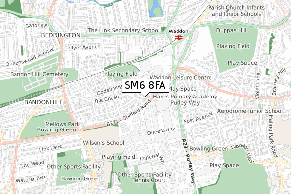 SM6 8FA map - small scale - OS Open Zoomstack (Ordnance Survey)