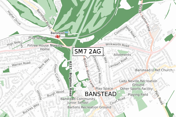 SM7 2AG map - small scale - OS Open Zoomstack (Ordnance Survey)