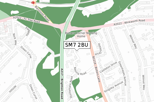 SM7 2BU map - large scale - OS Open Zoomstack (Ordnance Survey)