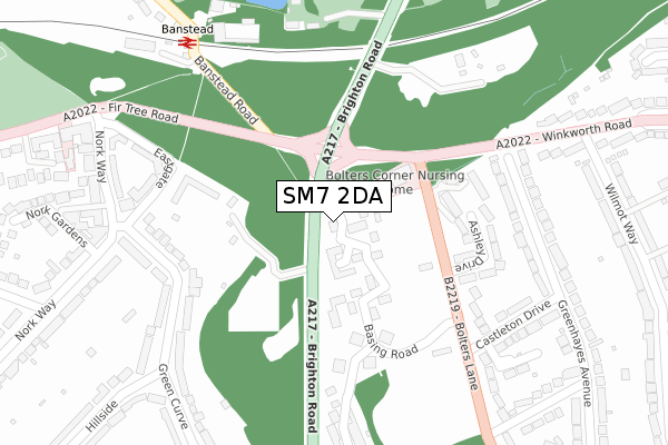 SM7 2DA map - large scale - OS Open Zoomstack (Ordnance Survey)