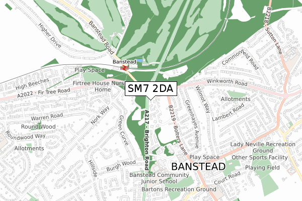 SM7 2DA map - small scale - OS Open Zoomstack (Ordnance Survey)