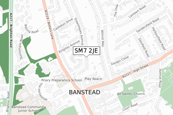 SM7 2JE map - large scale - OS Open Zoomstack (Ordnance Survey)