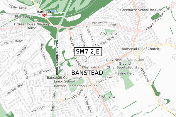 SM7 2JE map - small scale - OS Open Zoomstack (Ordnance Survey)