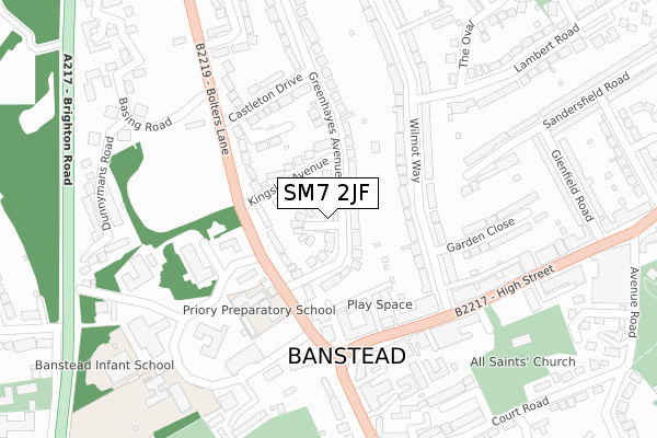 SM7 2JF map - large scale - OS Open Zoomstack (Ordnance Survey)