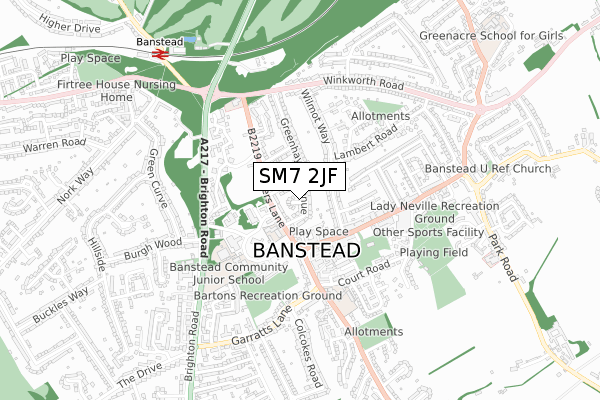 SM7 2JF map - small scale - OS Open Zoomstack (Ordnance Survey)