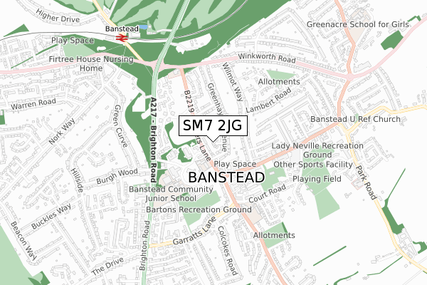 SM7 2JG map - small scale - OS Open Zoomstack (Ordnance Survey)